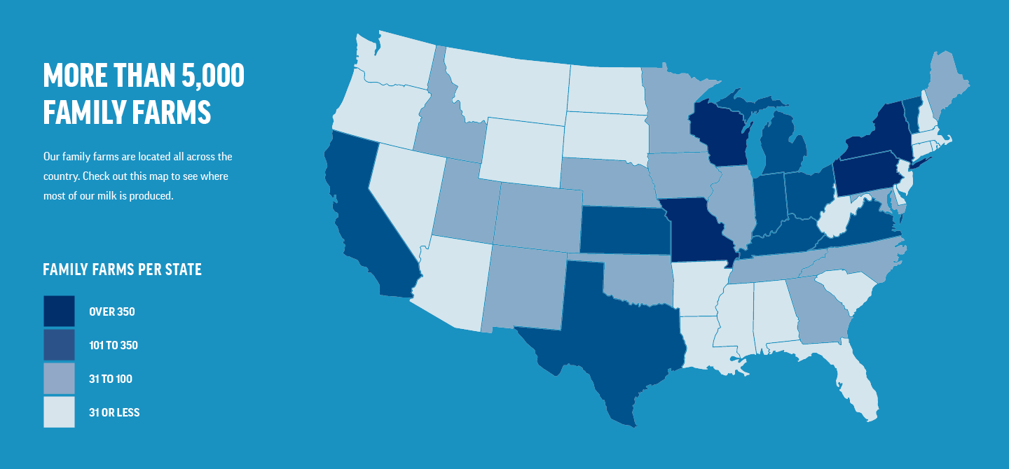 Map of USA with number of farms in each state