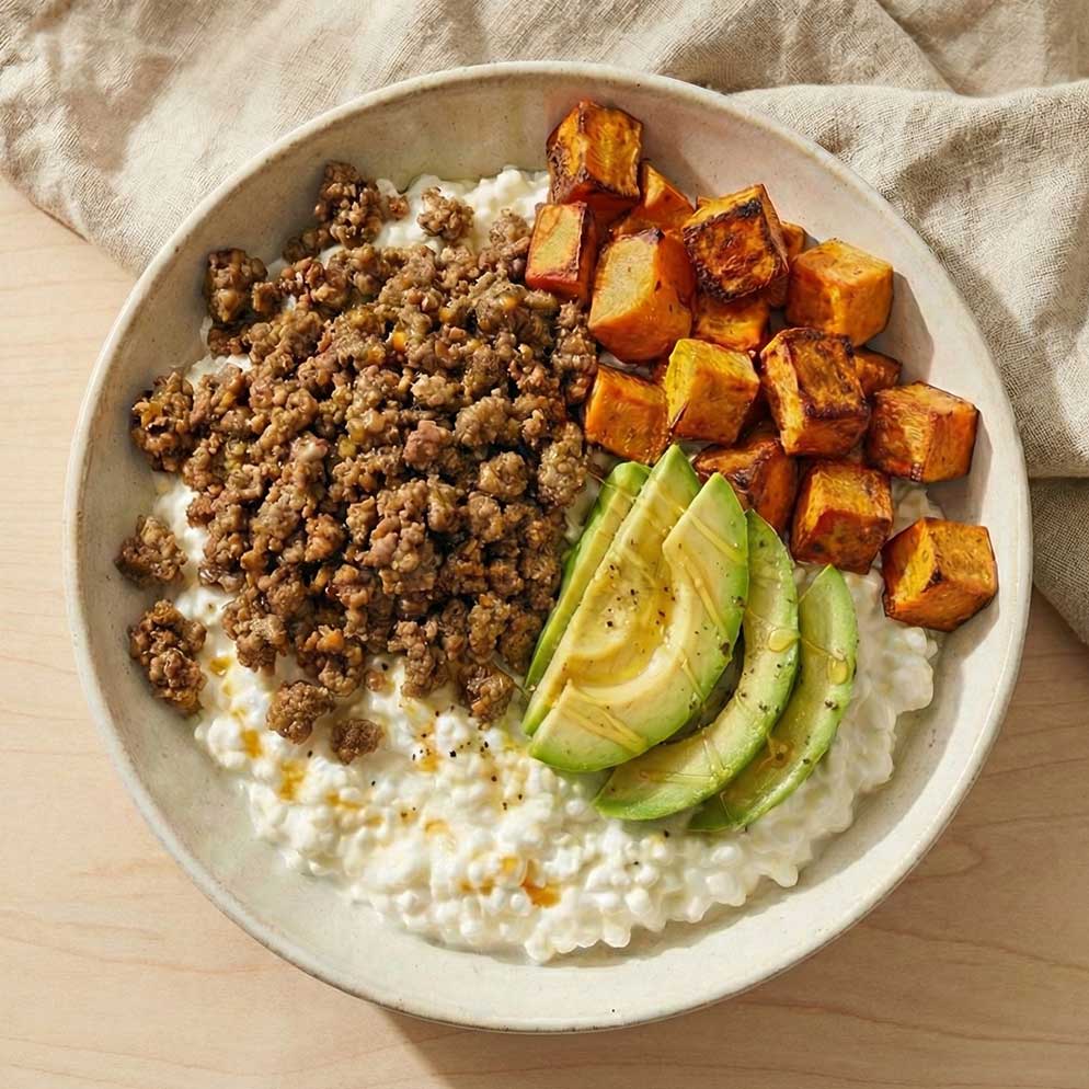 High-Protein Cottage Cheese Beef Sweet Potato Bowls 