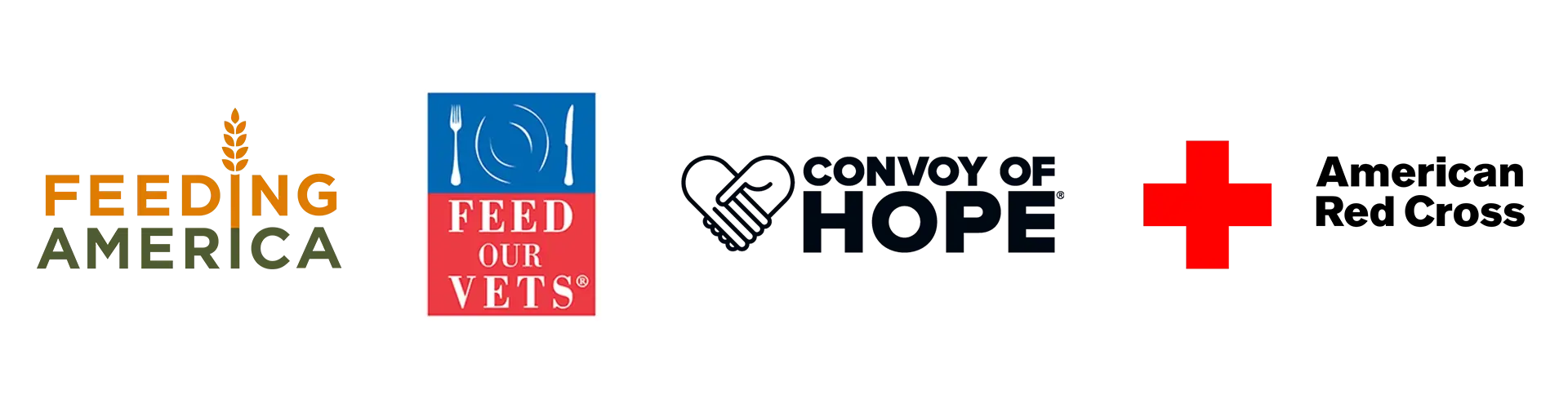 Feeding America, Feed Our Vets, Convoy of Hope, and American Red Cross are partners of DFA Cares Foundation.