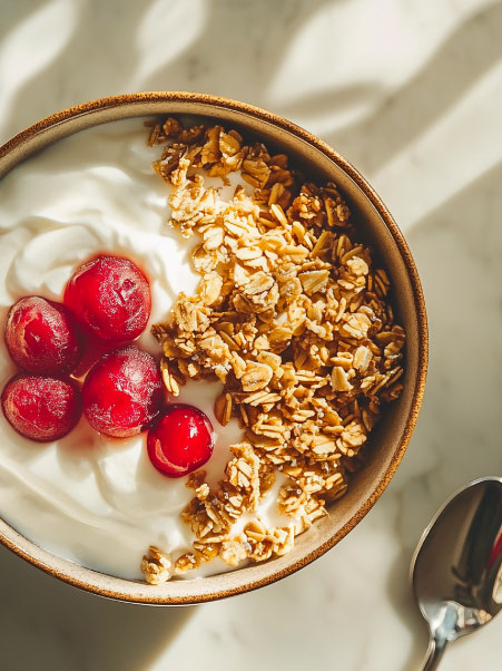 Start your morning strong by building a Greek yogurt bowl layered with granola, fresh fruit, and crunchy nuts.